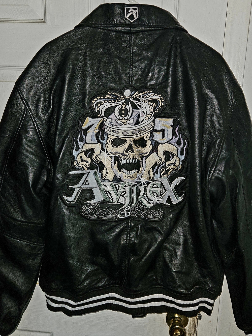 Avirex Black Leather Bomber Jacket with Embroidered Skull Back